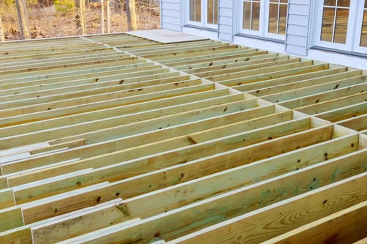 Pressure-treated deck joist framing during construction